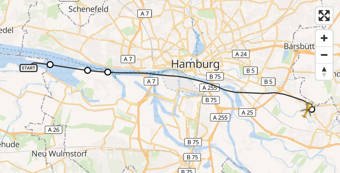 Flugroute Ambulanzhubschrauber Jork - Christoph Hansa ADAC Hubschrauberlandeplatz, 19 Juli 2026, 15:27