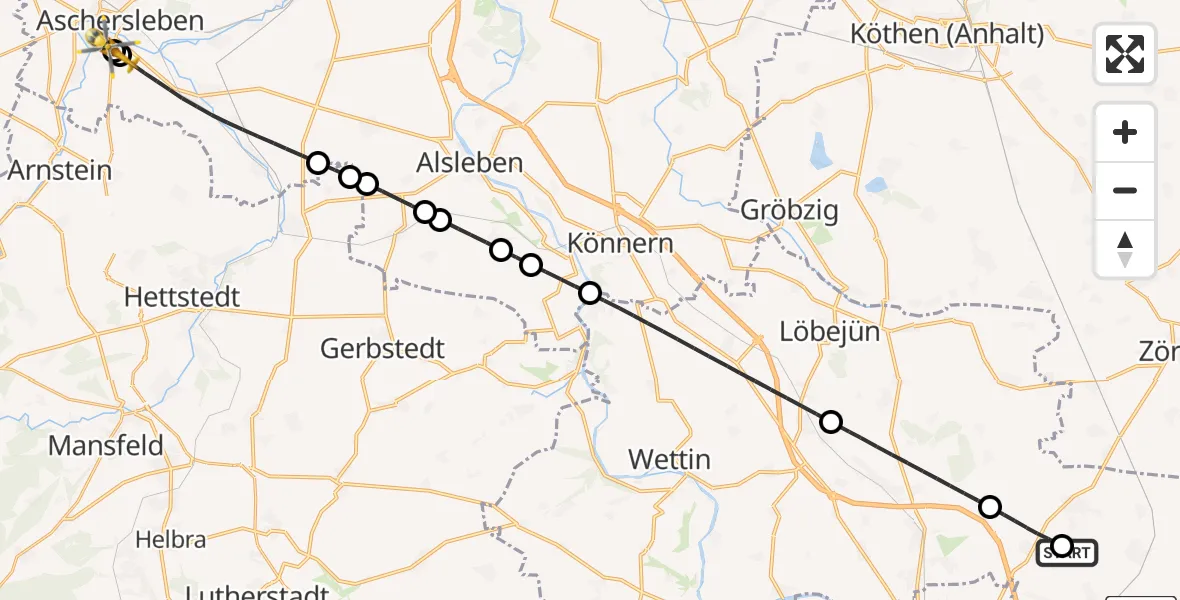 Flugroute Rettungshubschrauber Halle-Oppin Flugplatz - AMEOS Hospital Aschersleben, 19 Juli 2026, 15:27