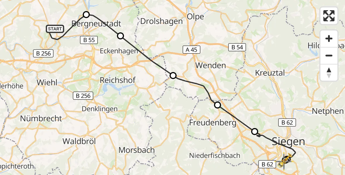 Flugroute Rettungshubschrauber Gummersbach - Evangelisches Jung-Stilling Hospital, 19 Juli 2026, 15:43