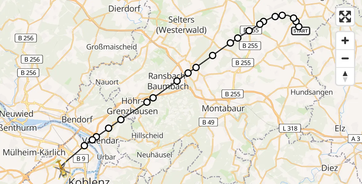 Flugroute Rettungshubschrauber Girkenroth - Koblenz, 19 Juli 2026, 15:49