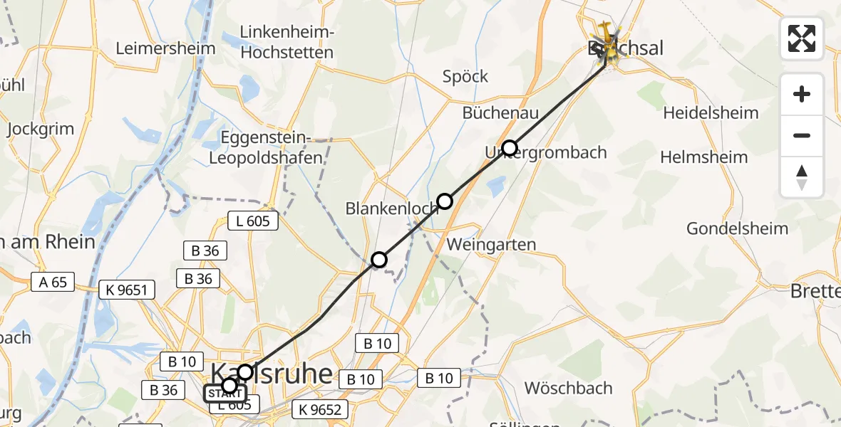 Flugroute Ambulanzhubschrauber Sankt Vincentius Hospital - Bruchsal, 19 Juli 2026, 15:50