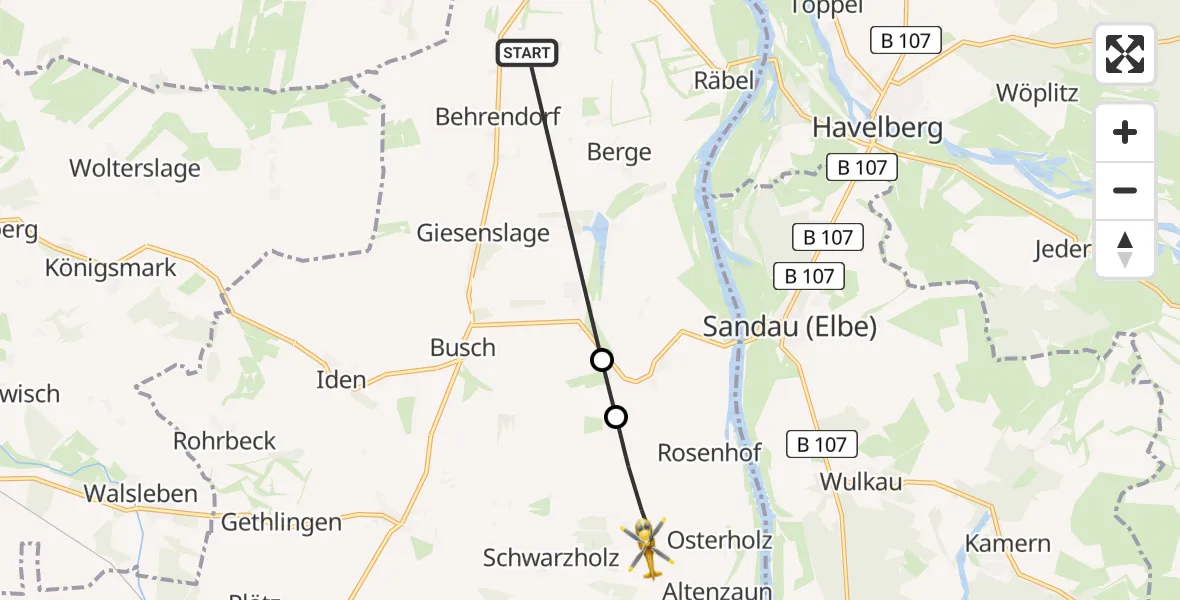 Flugroute Rettungshubschrauber Werben (Elbe) - Hohenberg-Krusemark, 19 Juli 2026, 15:52