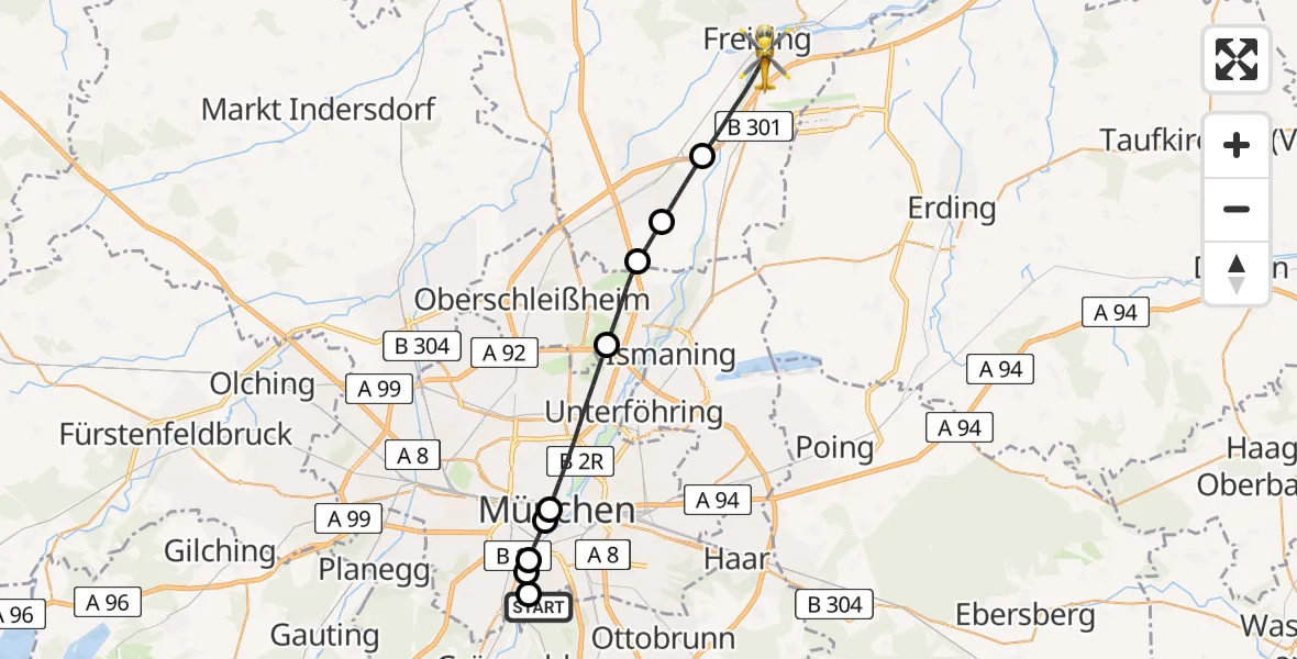 Flugroute Rettungshubschrauber ADAC Air Rescue Center Hubschrauberlandeplatz (Christoph 1) - Freising, 19 Juli 2026, 15:57
