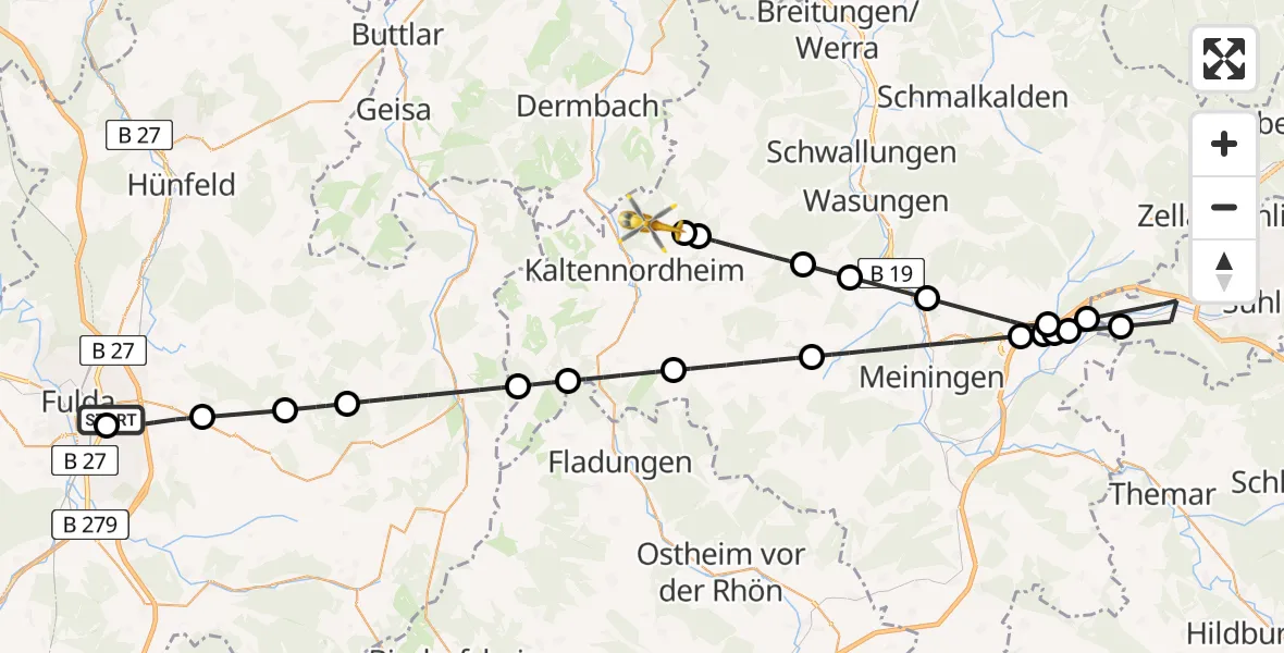 Flugroute Rettungshubschrauber Fulda Hospital - Kaltennordheim, 19 Juli 2026, 15:58