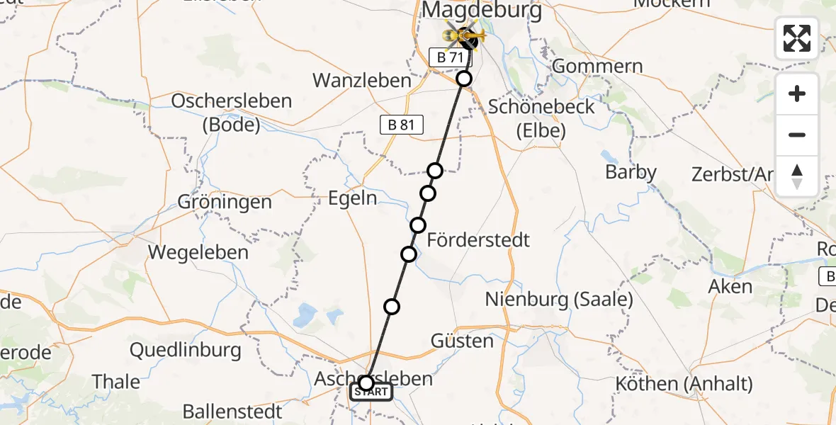 Flugroute Rettungshubschrauber AMEOS Hospital Aschersleben - Magdeburg, 19 Juli 2026, 16:15
