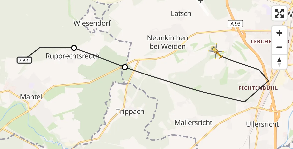 Flugroute Ambulanzhubschrauber Manteler Forst - Weiden i.d.OPf., 19 Juli 2026, 16:16