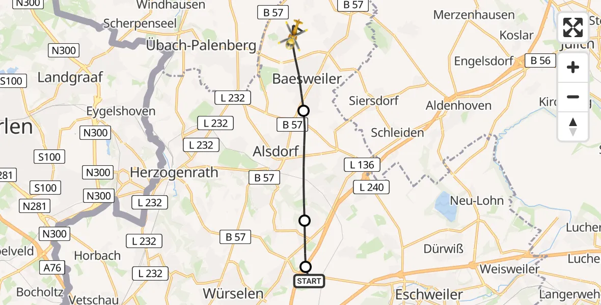 Flugroute Rettungshubschrauber Aachen-Merzbrück Flughafen - Baesweiler, 19 Juli 2026, 16:17