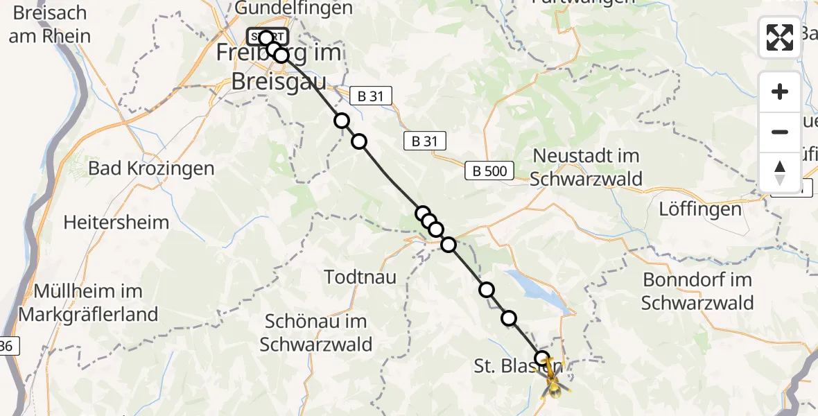 Flugroute Ambulanzhubschrauber Freiburg im Breisgau Flugplatz - Häusern, 19 Juli 2026, 16:23