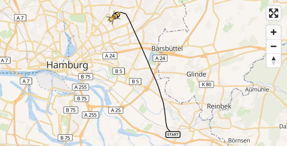 Flugroute Rettungshubschrauber Hamburg - Hamburg Military Hospital, 19 Juli 2026, 16:32