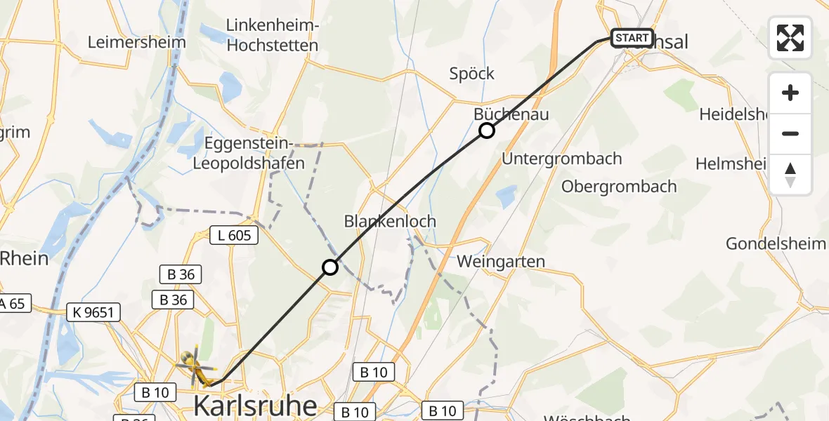 Flugroute Ambulanzhubschrauber Bruchsal - Karlsruhe, 19 Juli 2026, 16:32