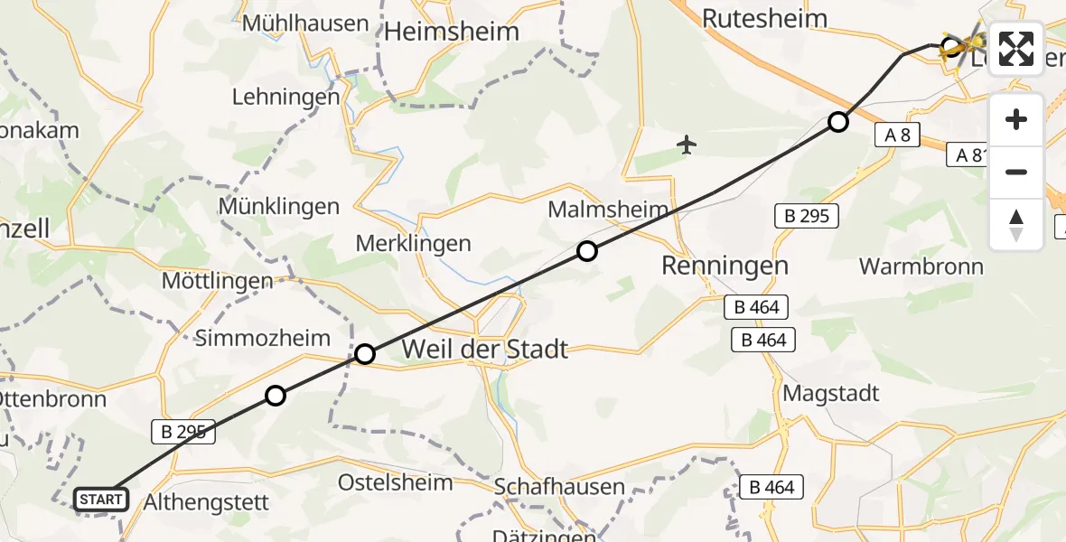 Flugroute Rettungshubschrauber Althengstett - Leonberg Hospital, 19 Juli 2026, 16:33