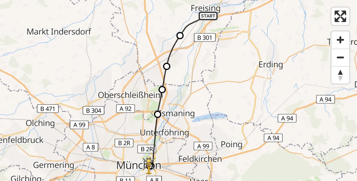 Flugroute Rettungshubschrauber Freising - Rechts der Isar University Hospital, 19 Juli 2026, 16:34