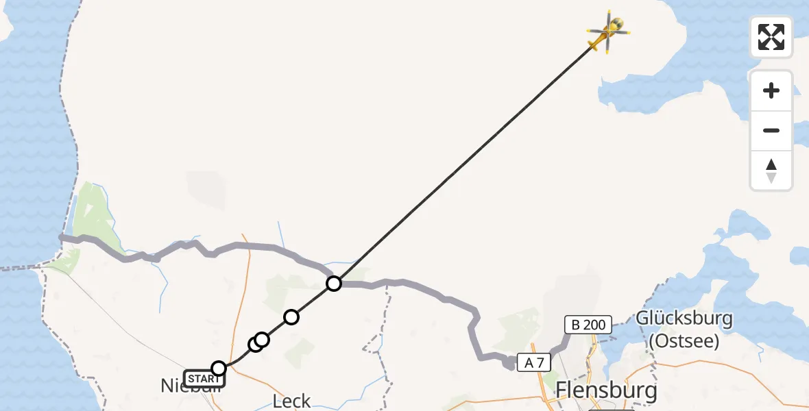 Flugroute Ambulanzhubschrauber Niebüll - Ladelund, 19 Juli 2026, 16:37
