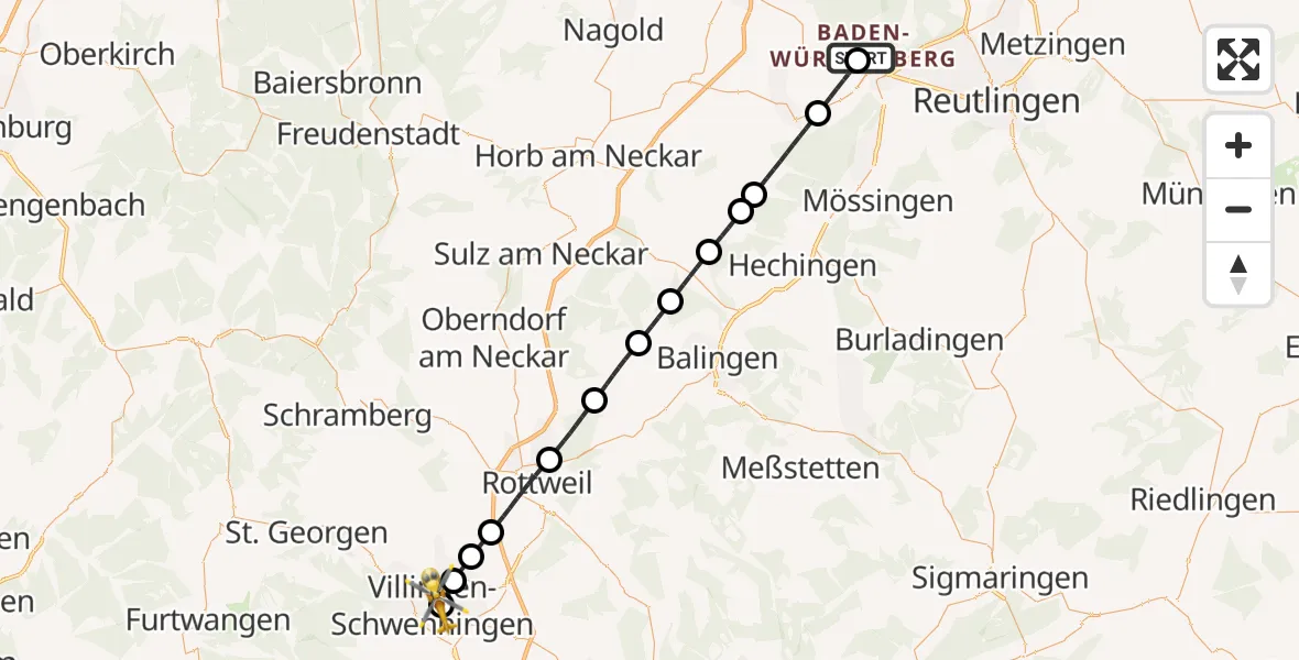 Flugroute Ambulanzhubschrauber Tübingen University Hospital - DRF Air Rescue Station Villingen-Schwenningen Hubschrauberlandeplatz (Christoph 11), 19 Juli 2026, 16:41