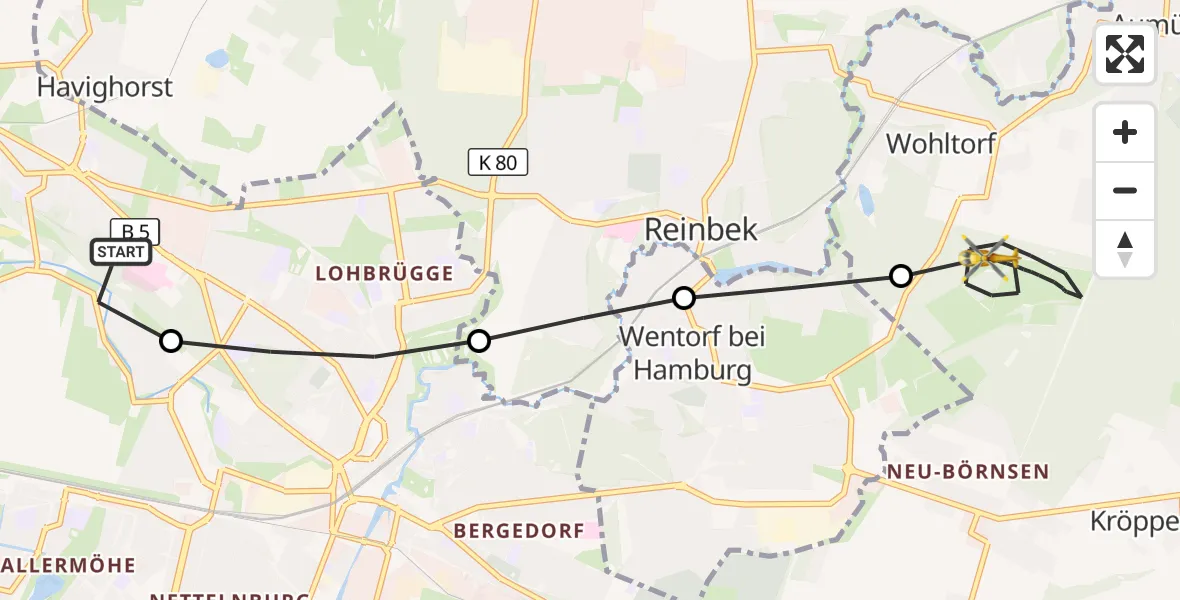 Flugroute Ambulanzhubschrauber Christoph Hansa ADAC Hubschrauberlandeplatz - Wohltorf, 19 Juli 2026, 16:44