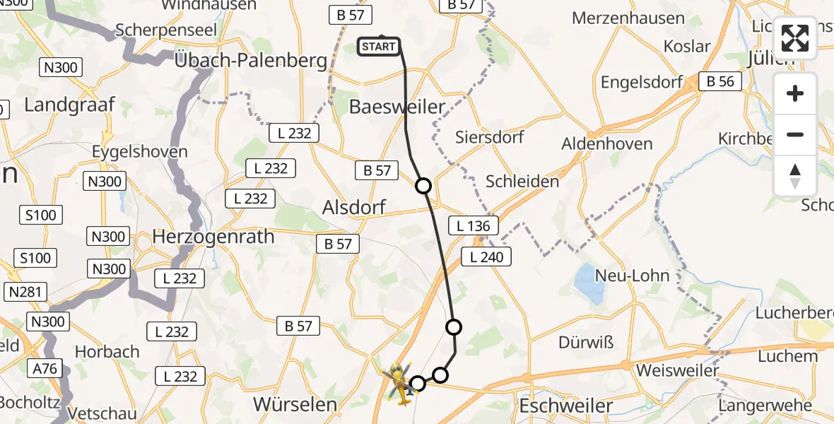 Flugroute Rettungshubschrauber Baesweiler - Aachen-Merzbrück Flughafen, 19 Juli 2026, 16:49