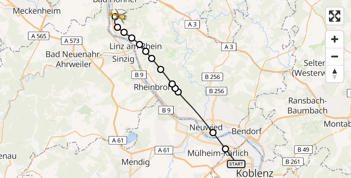 Flugroute Rettungshubschrauber Koblenz - Rheinbreitbach, 19 Juli 2026, 16:52