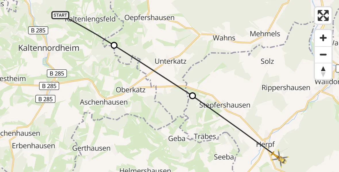 Flugroute Rettungshubschrauber Kaltennordheim - Meiningen, 19 Juli 2026, 16:58