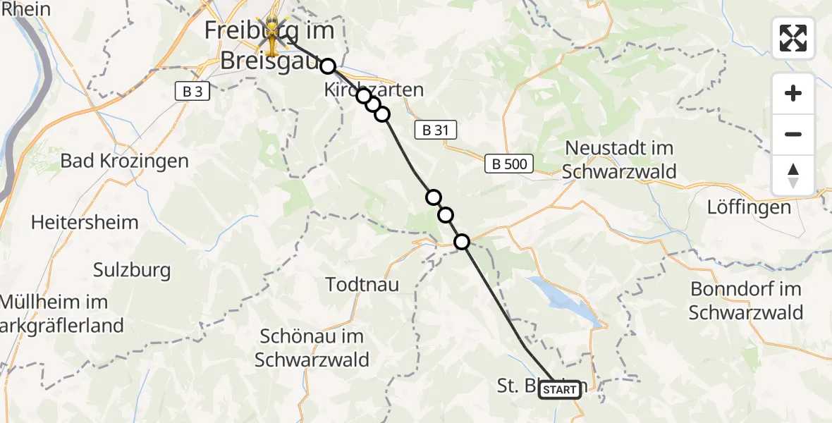 Flugroute Ambulanzhubschrauber St. Blasien - Freiburg im Breisgau, 19 Juli 2026, 16:58