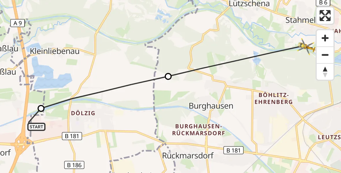 Flugroute Rettungshubschrauber ADAC Air Rescue Station Leipzig/Schkeuditz-Dölzig Hubschrauberlandeplatz (Christoph 61) - Leipzig, 19 Juli 2026, 17:00