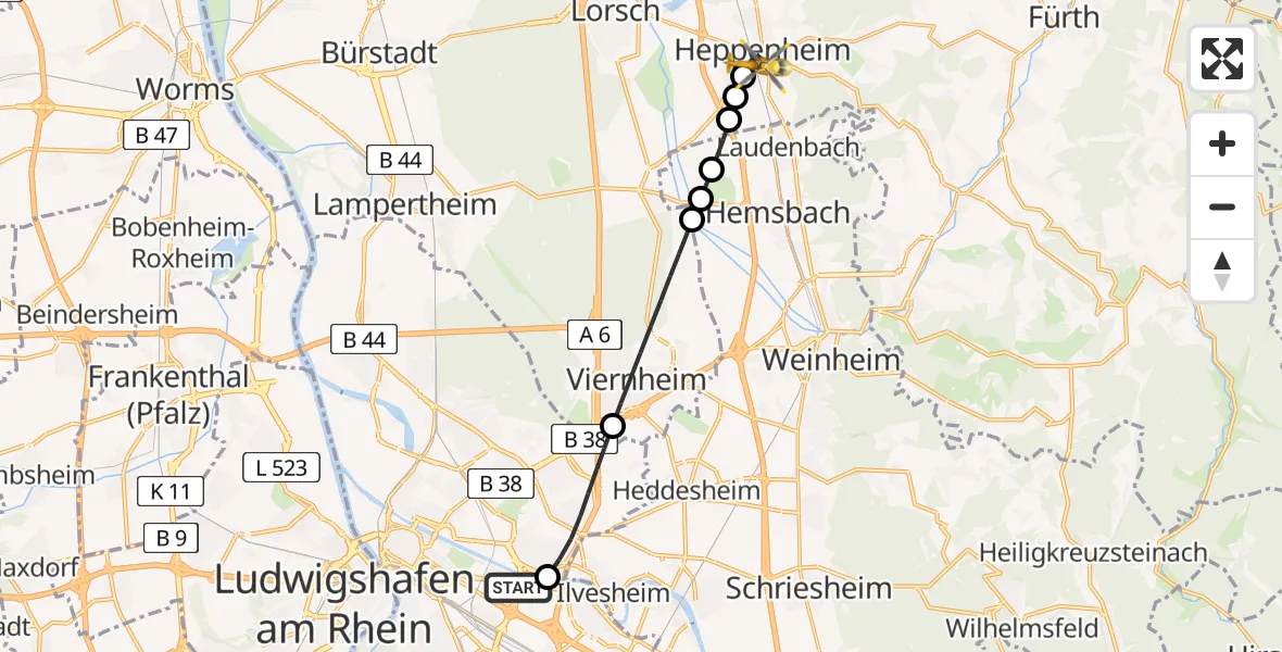 Flugroute Rettungshubschrauber Mannheim-City Flughafen - Heppenheim (Bergstraße), 19 Juli 2026, 17:02