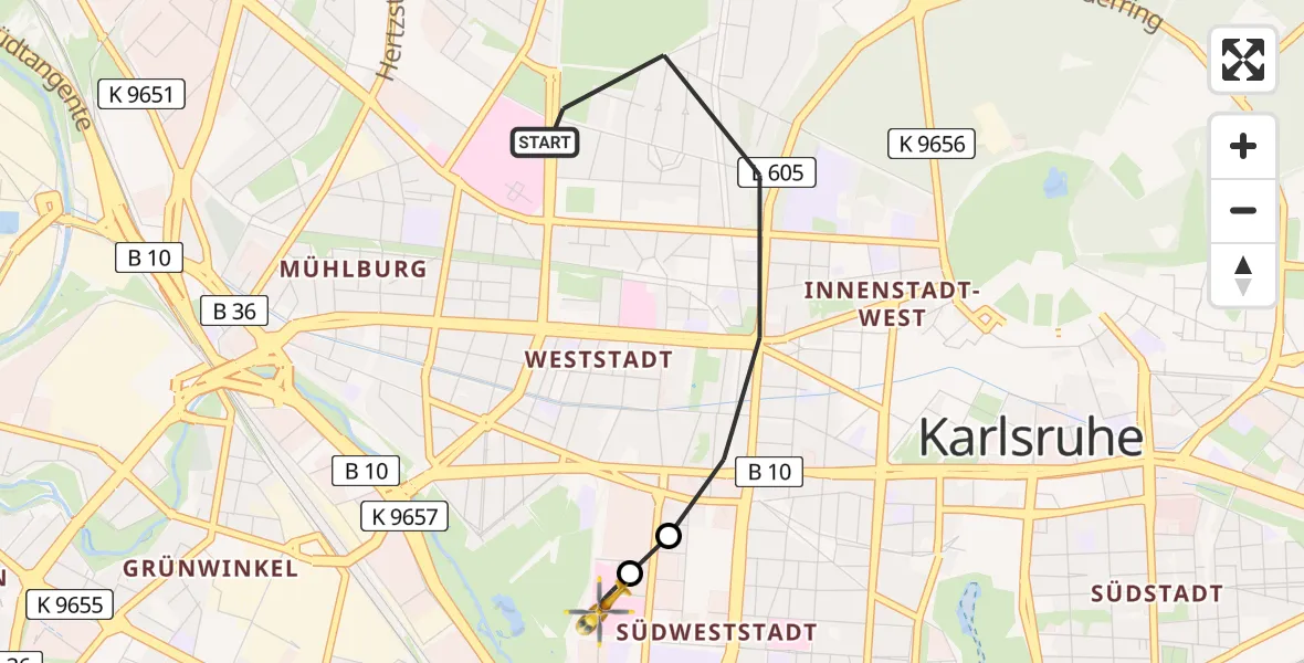 Flugroute Ambulanzhubschrauber Karlsruhe - Sankt Vincentius Hospital, 19 Juli 2026, 17:11