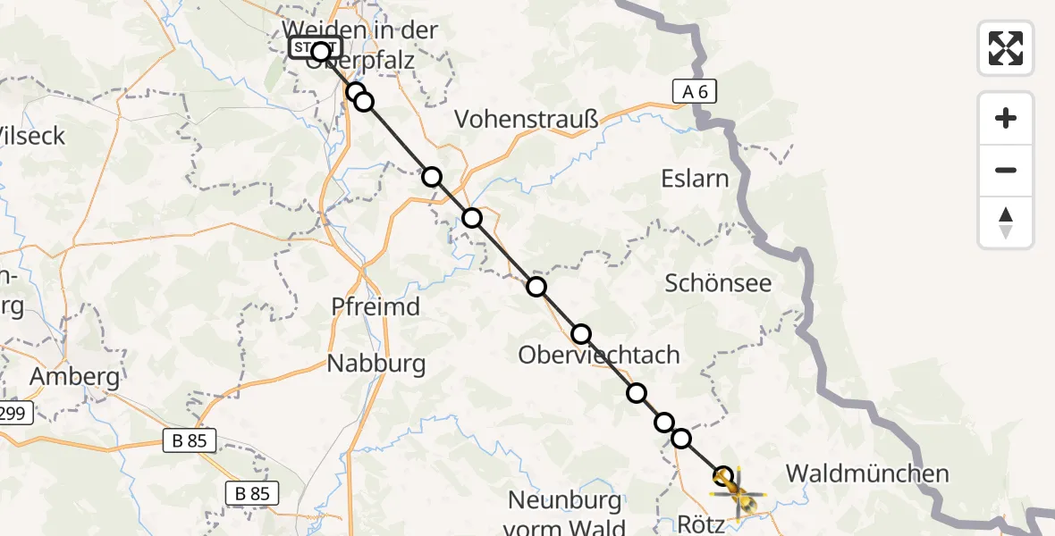 Flugroute Ambulanzhubschrauber Weiden in der Oberpfalz Flugplatz - Schönthal, 19 Juli 2026, 17:13