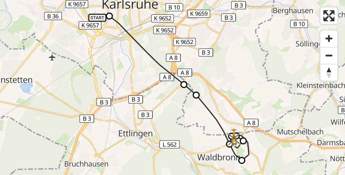 Flugroute Ambulanzhubschrauber Sankt Vincentius Hospital - Waldbronn, 19 Juli 2026, 17:16