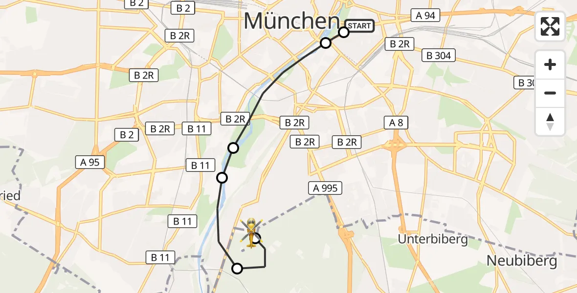 Flugroute Rettungshubschrauber Rechts der Isar University Hospital - ADAC Air Rescue Center Hubschrauberlandeplatz (Christoph 1), 19 Juli 2026, 17:22