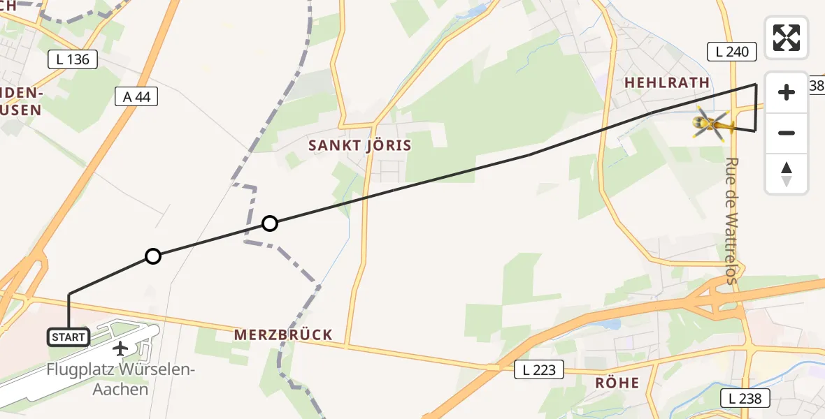 Flugroute Rettungshubschrauber Aachen-Merzbrück Flughafen - Eschweiler, 19 Juli 2026, 17:24