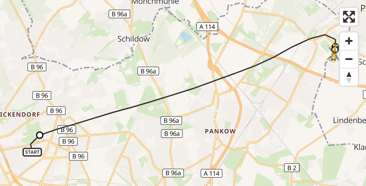 Flugroute Rettungshubschrauber Vivantes Humboldt Clinic - Helios Clinic Berlin-Buch, 19 Juli 2026, 17:27
