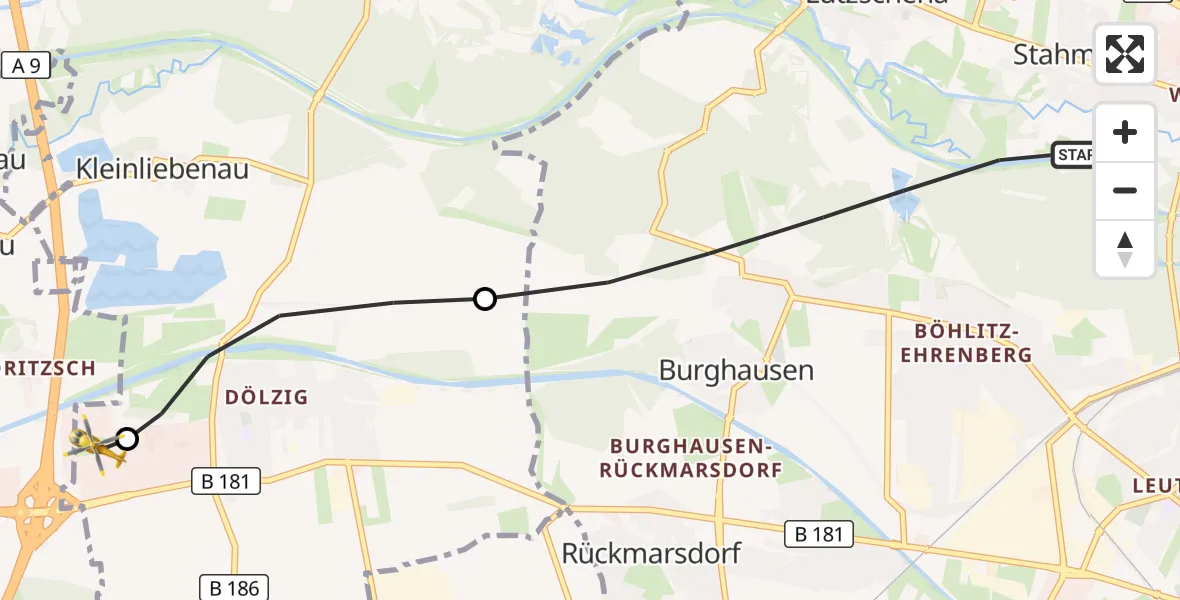 Flugroute Rettungshubschrauber Leipzig - ADAC Air Rescue Station Leipzig/Schkeuditz-Dölzig Hubschrauberlandeplatz (Christoph 61), 19 Juli 2026, 17:34