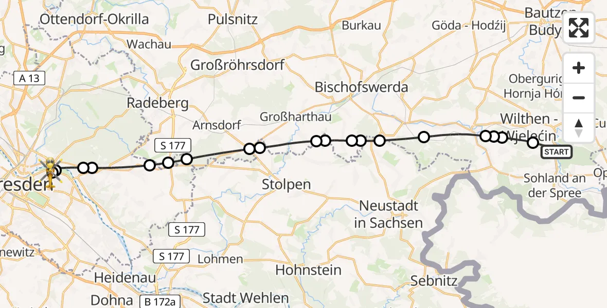 Flugroute Rettungshubschrauber Schirgiswalde-Kirschau - Dresden University Hospital, 19 Juli 2026, 17:41