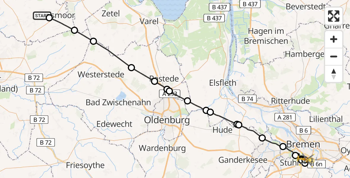 Flugroute Rettungshubschrauber Großefehn - ADAC Air Rescue Station Bremen Hubschrauberlandeplatz (Christoph 6), 19 Juli 2026, 17:50