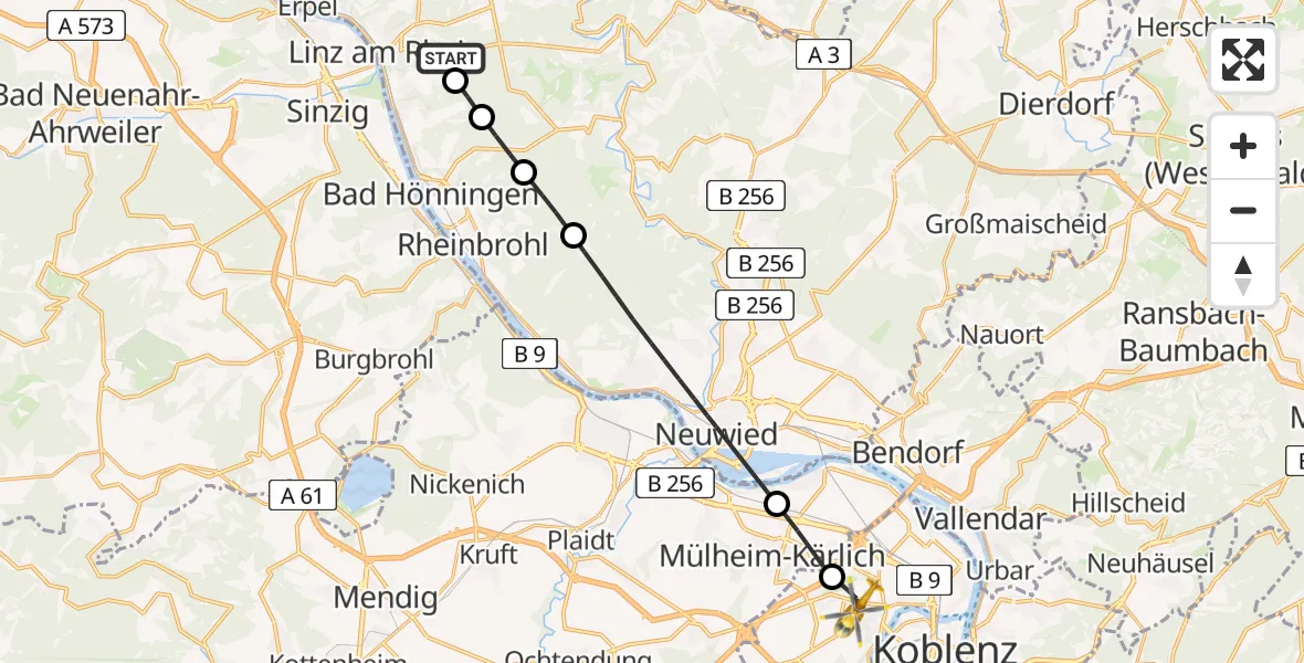 Flugroute Rettungshubschrauber Dattenberg - Koblenz, 19 Juli 2026, 17:51