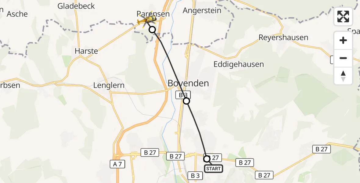Flugroute Rettungshubschrauber Göttingen University Clinic Hubschrauberlandeplatz - Nörten-Hardenberg, 19 Juli 2026, 17:55