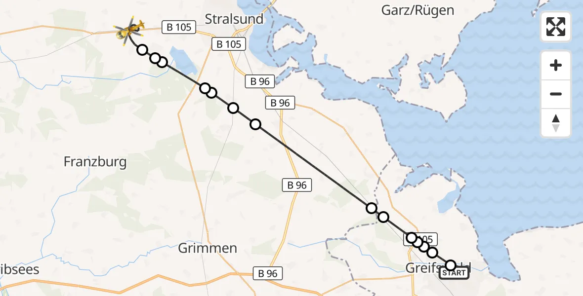 Flugroute Rettungshubschrauber Greifswald Hospital - Niepars, 19 Juli 2026, 17:56