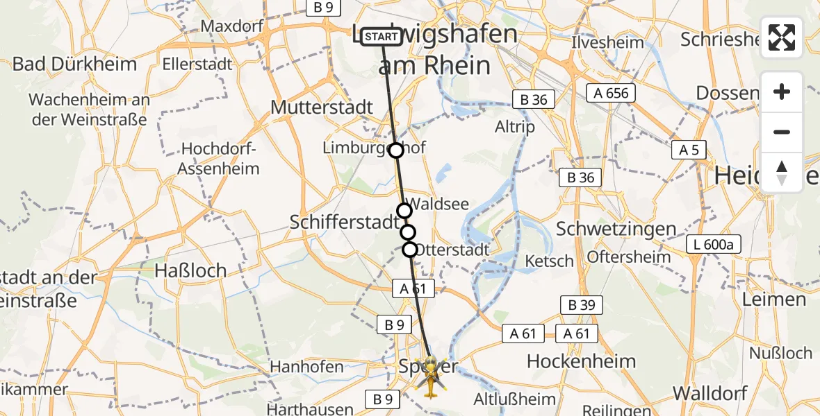 Flugroute Rettungshubschrauber Ludwigshafen am Rhein - Speyer, 19 Juli 2026, 17:57