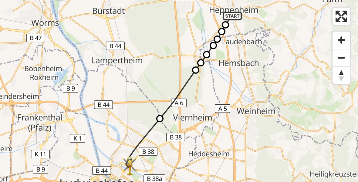 Flugroute Rettungshubschrauber Heppenheim (Bergstraße) - Mannheim, 19 Juli 2026, 17:59