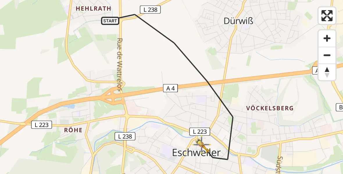 Flugroute Rettungshubschrauber Eschweiler - Eschweiler, 19 Juli 2026, 18:02