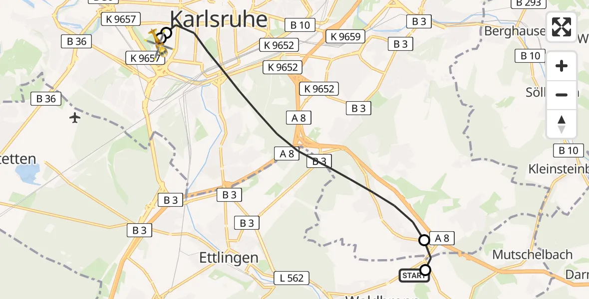 Flugroute Ambulanzhubschrauber Waldbronn - Sankt Vincentius Hospital, 19 Juli 2026, 18:04