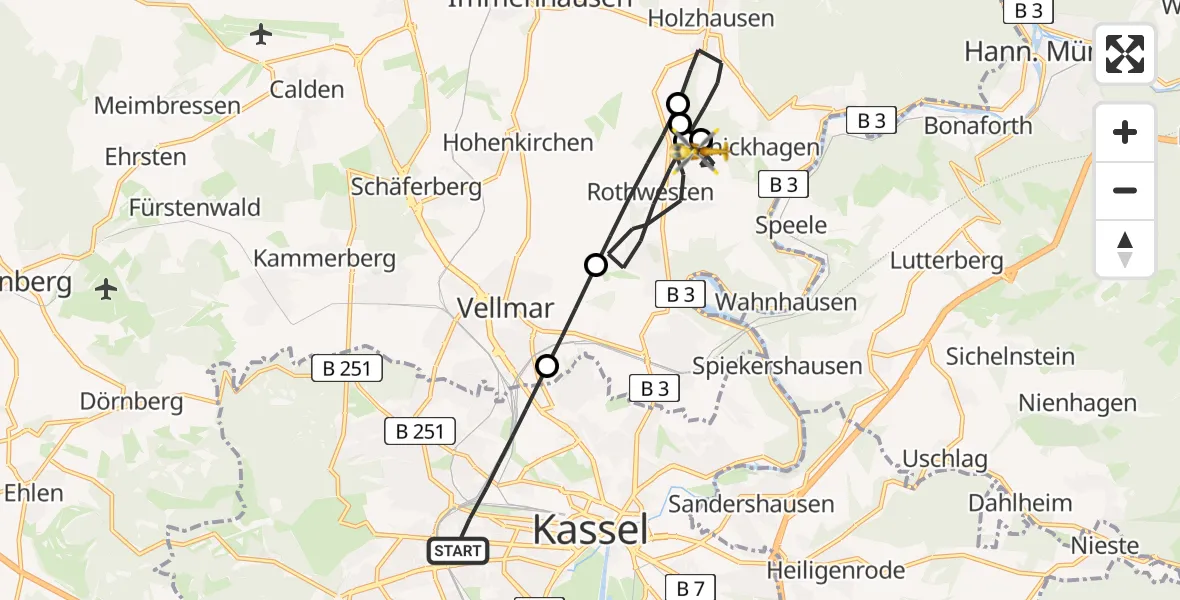 Flugroute Rettungshubschrauber Kassel - Fuldatal, 19 Juli 2026, 18:07