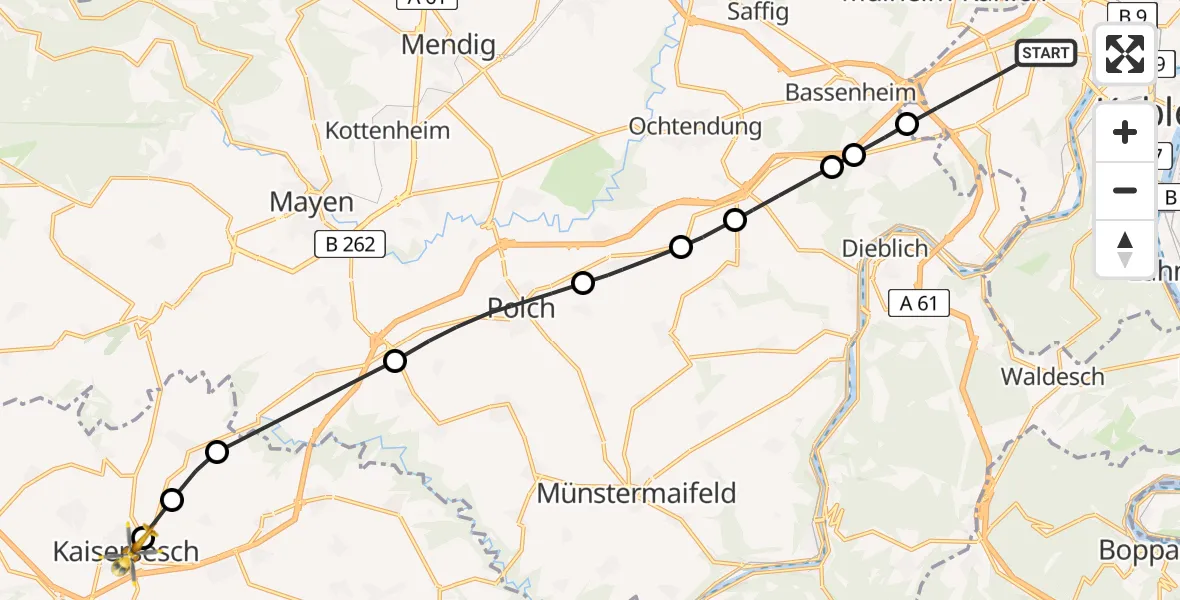 Flugroute Rettungshubschrauber Koblenz - Kaisersesch, 19 Juli 2026, 18:16