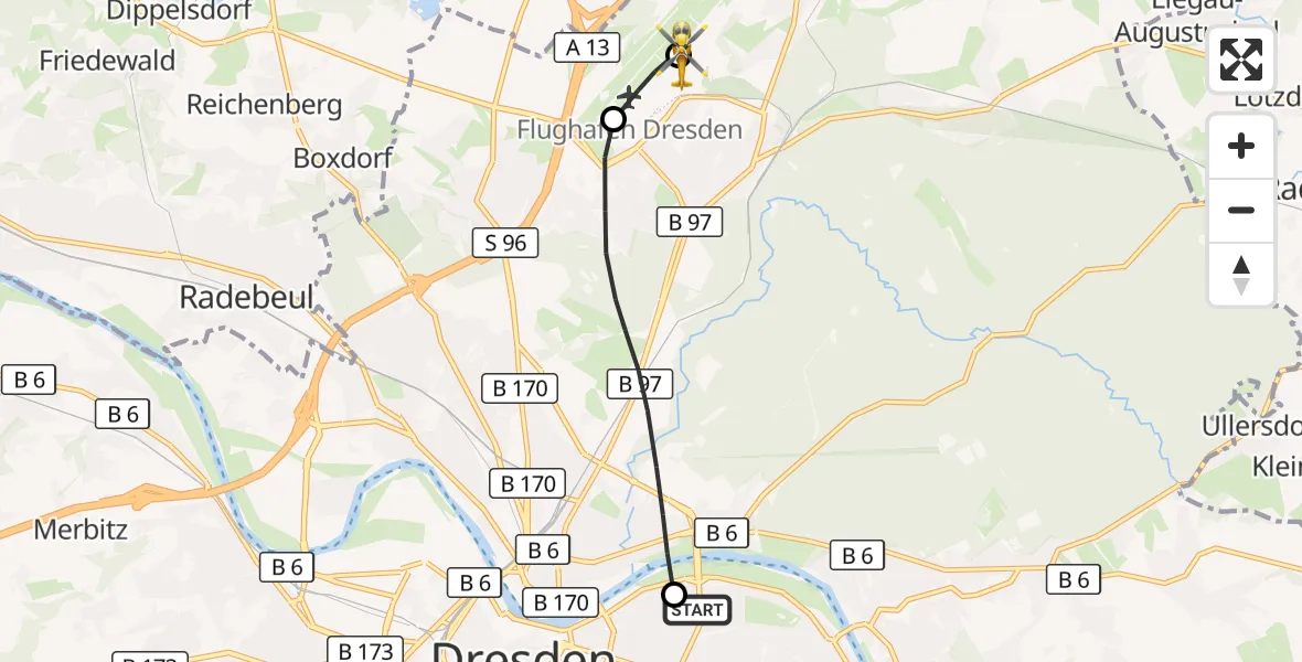 Flugroute Rettungshubschrauber Dresden University Hospital - Dresden Bundespolizei Hubschrauberlandeplatz, 19 Juli 2026, 18:17