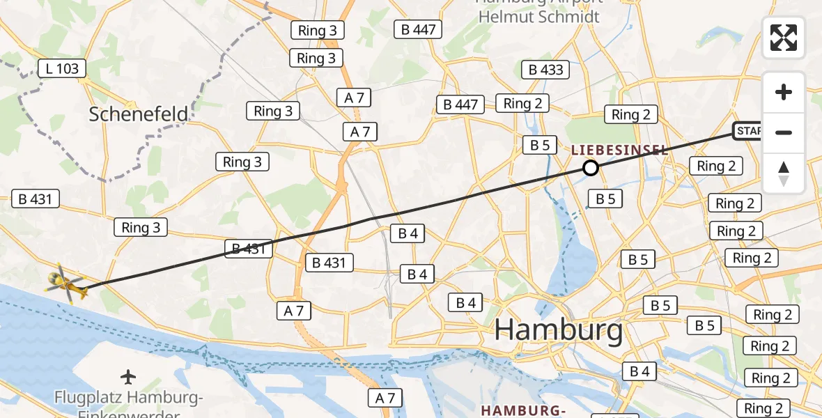 Flugroute Rettungshubschrauber Hamburg Military Hospital - Hamburg, 19 Juli 2026, 18:22