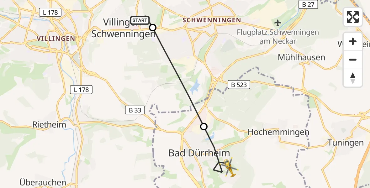 Flugroute Ambulanzhubschrauber DRF Air Rescue Station Villingen-Schwenningen Hubschrauberlandeplatz (Christoph 11) - Bad Dürrheim, 19 Juli 2026, 18:26