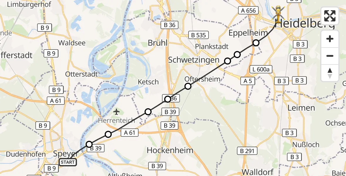 Flugroute Rettungshubschrauber Speyer - Heidelberg, 19 Juli 2026, 18:27