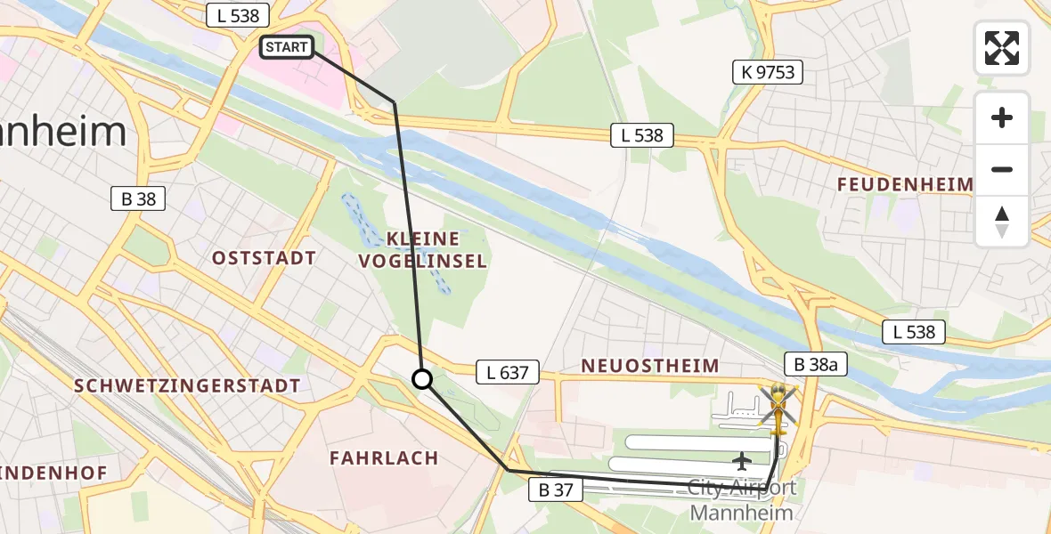 Flugroute Rettungshubschrauber Mannheim - Mannheim-City Flughafen, 19 Juli 2026, 18:32