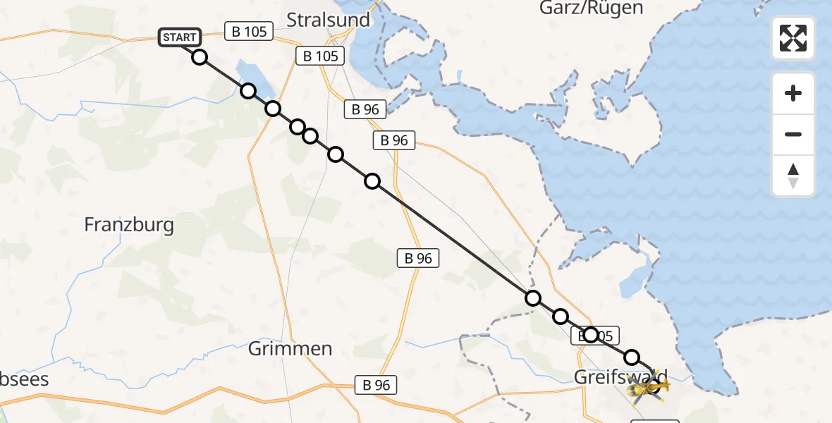 Flugroute Rettungshubschrauber Niepars - Greifswald Hospital, 19 Juli 2026, 18:33