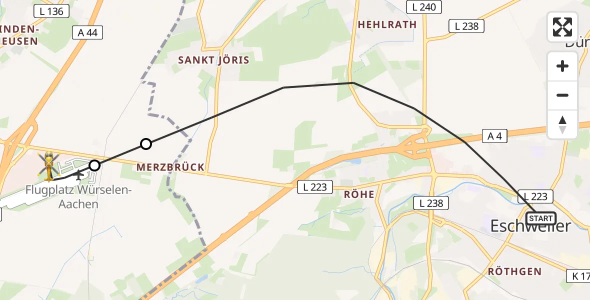 Flugroute Rettungshubschrauber Eschweiler - Aachen-Merzbrück Flughafen, 19 Juli 2026, 18:35